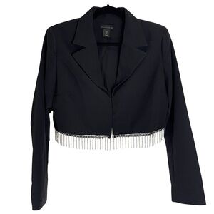 House of Harlow 1960 Black Cropped Blazer Rhinestone Fringe Sz Lg Party Holiday